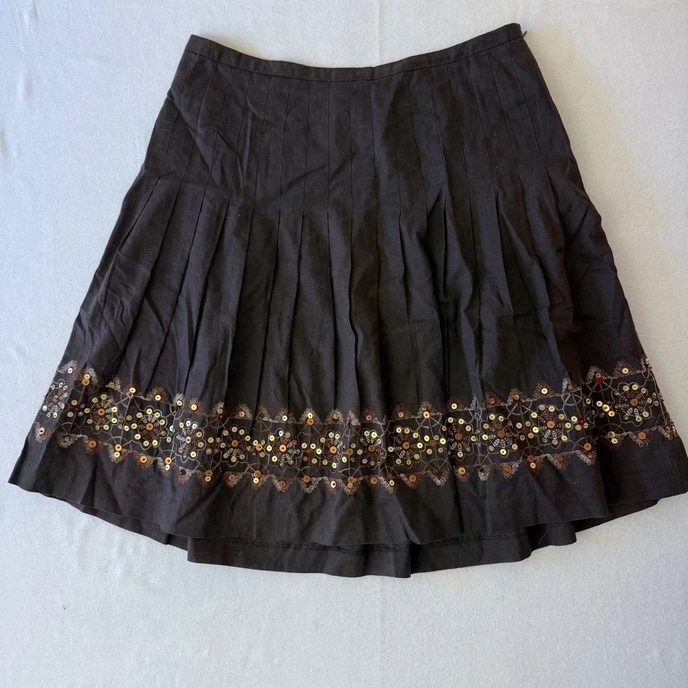 Ann Taylor Loft Brown Linen Blend Pleated Sequin Hem A-Line‎ Skirt Womens 10